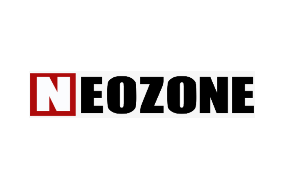 Schwarzer Hintergrund mit dem weißen Schriftzug "NEOZONE", wobei das "N" in einem roten Quadrat steht.